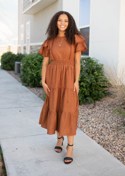 Short sleeve chestnut ruffle tiered dress