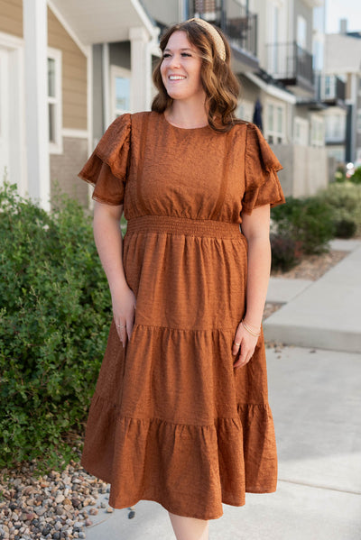 Plus size chesnut ruffle tiered dress in plus size with ruffle sleeves