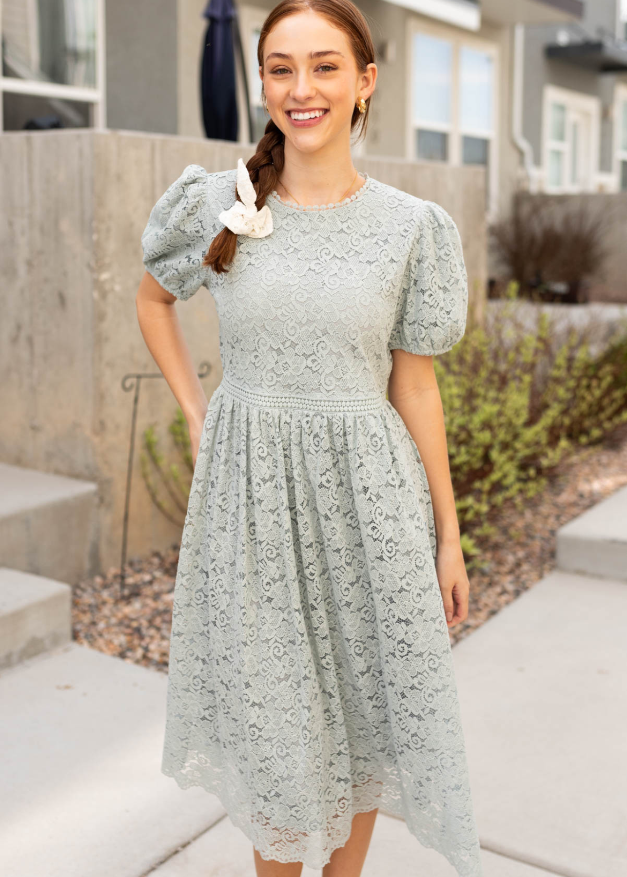 Short sleeve sage blue lace dress