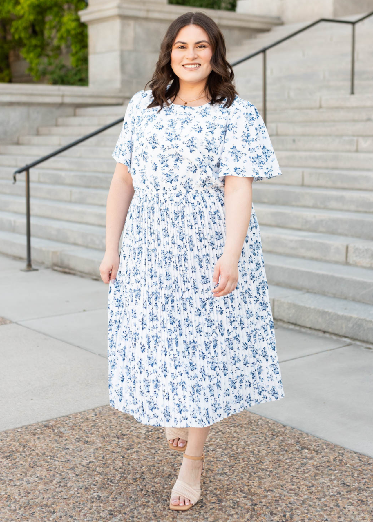 Plus size blue floral pleated dress