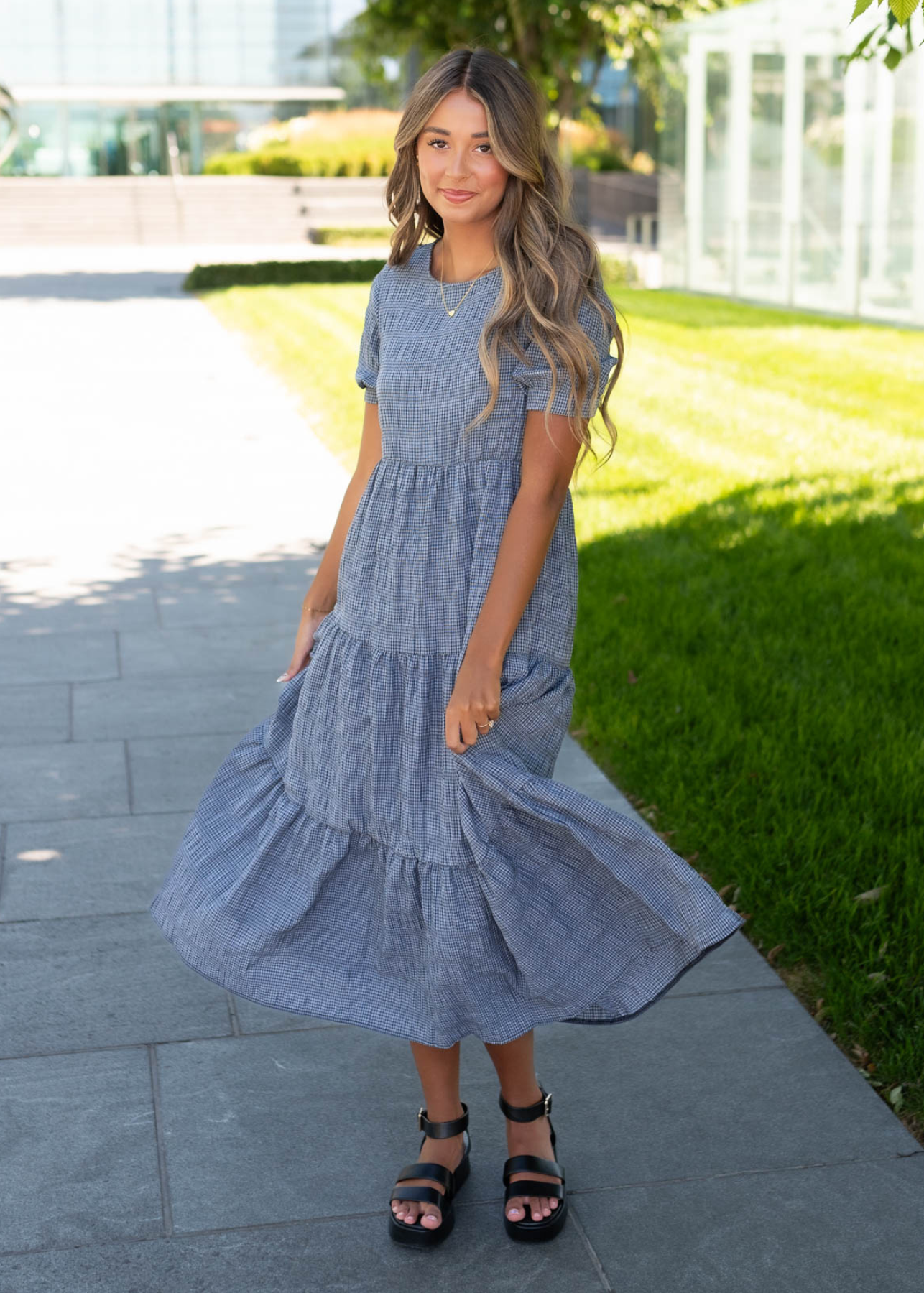 Short sleeve charcoal gingham dress