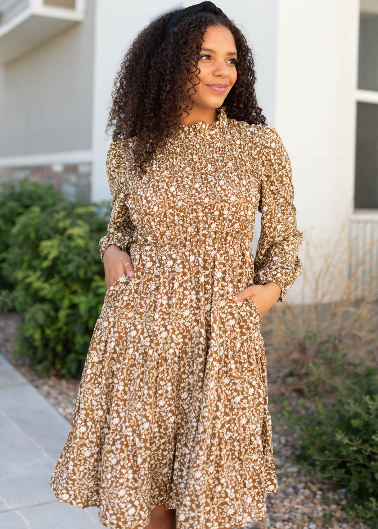 Chestnut floral smocked dress with pockets and tiered skirt