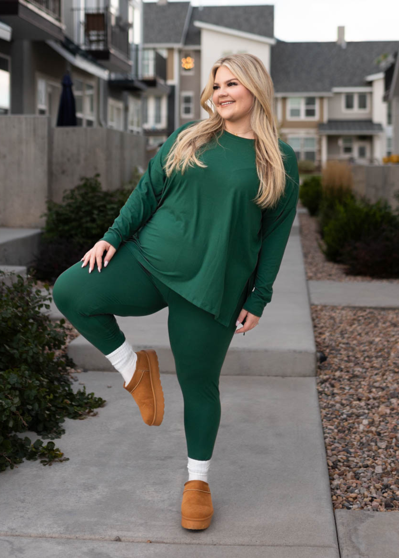 Long sleeve plus size dark green lounge wear set