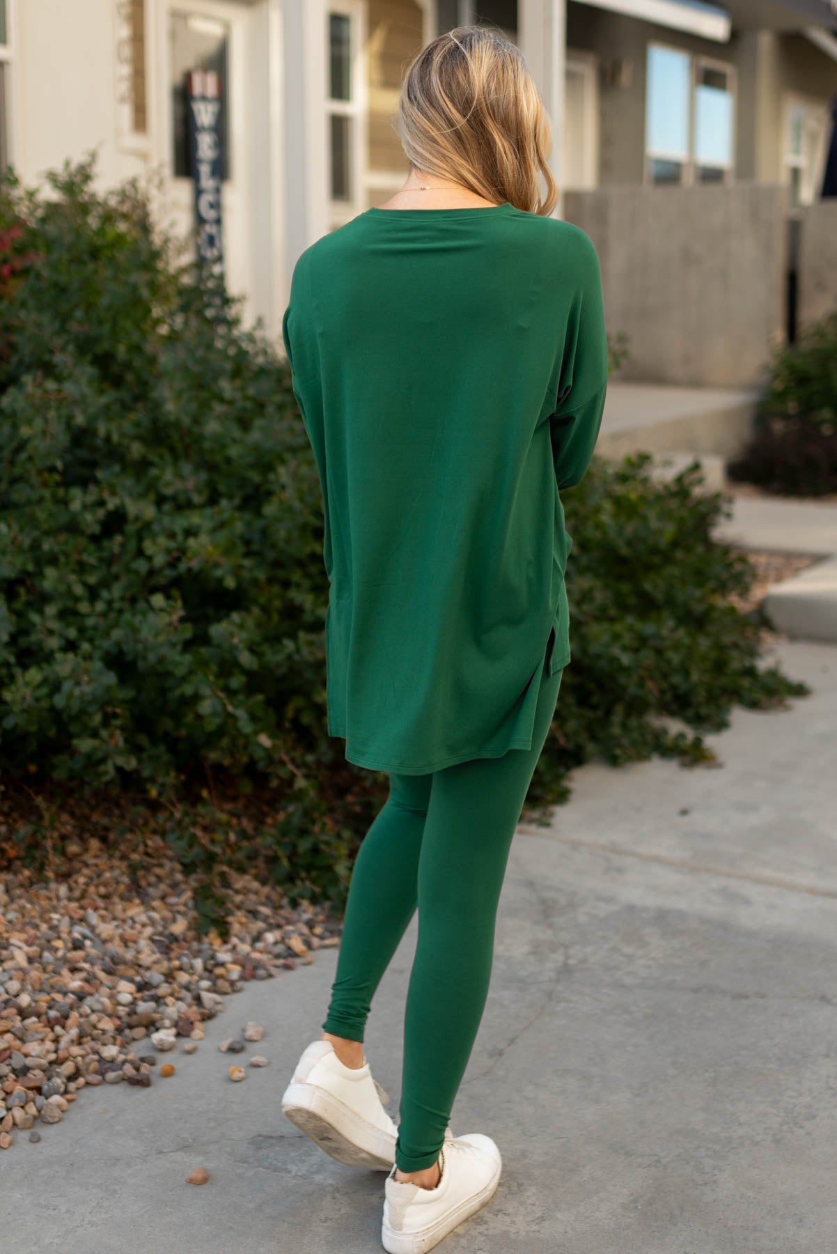 Back view of a dark green lounge wear set