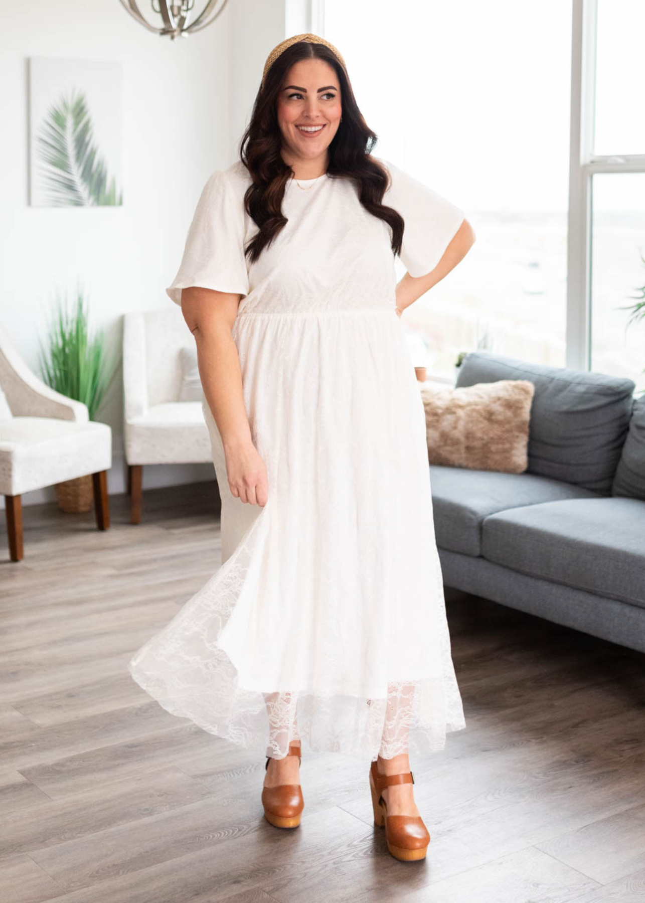 Short sleeve plus size white lace dress