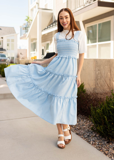 Smocked blue square neck dress