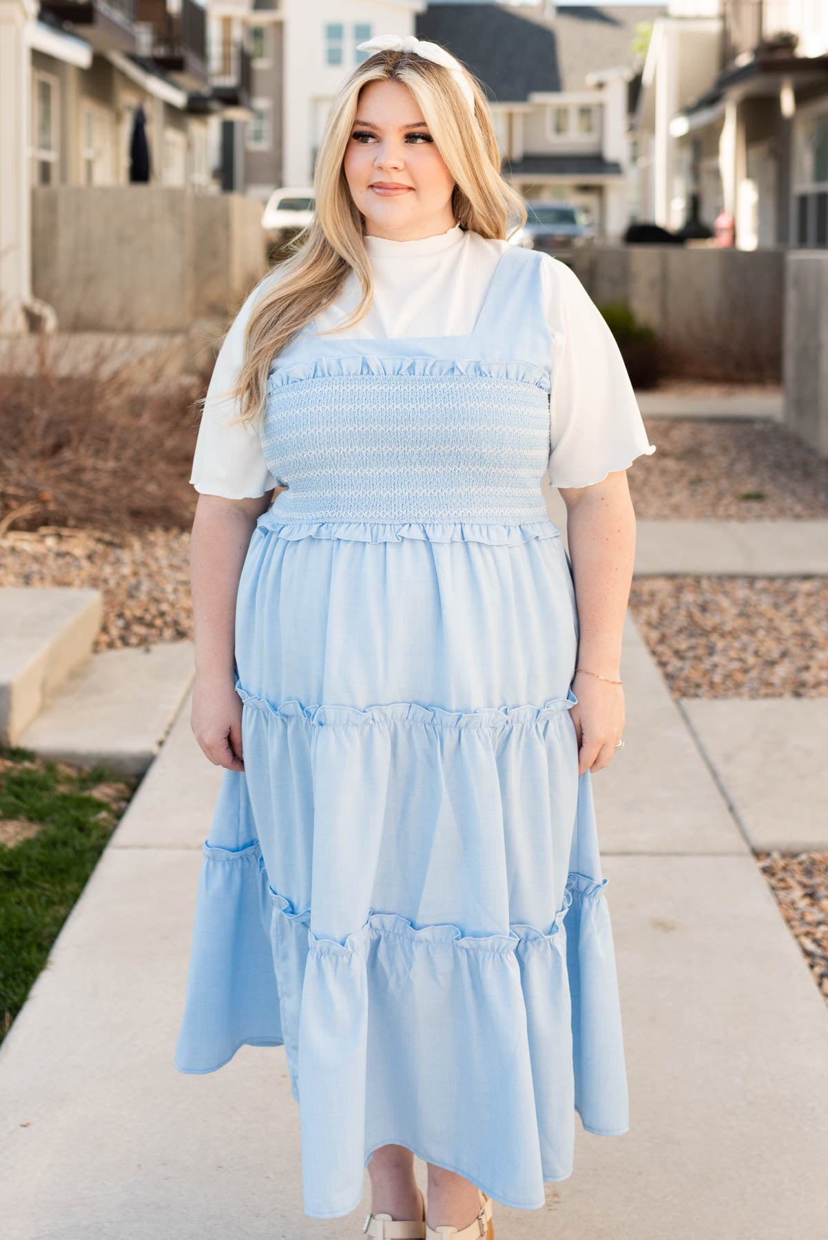 Smocked bodice blue square neck dress