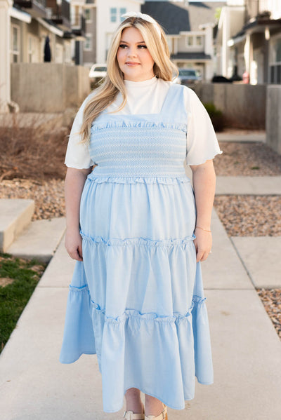 Smocked bodice blue square neck dress