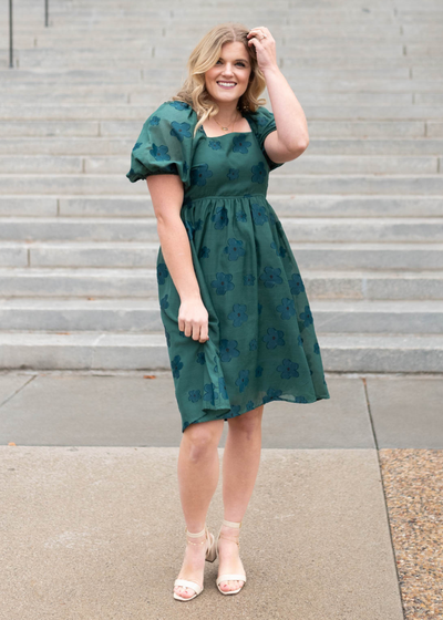 Short sleeve hunter green floral dress