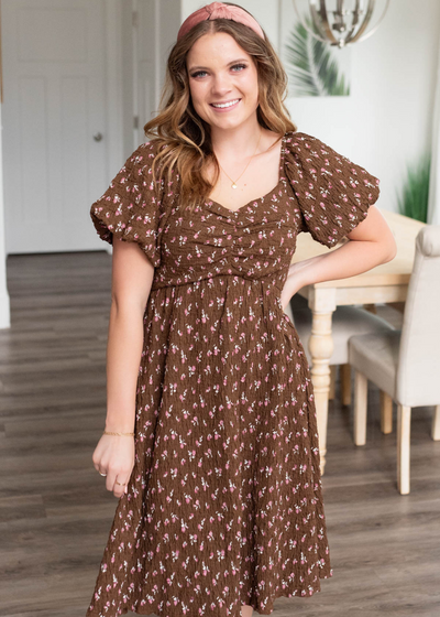 Brown floral dress with sweatheart neck