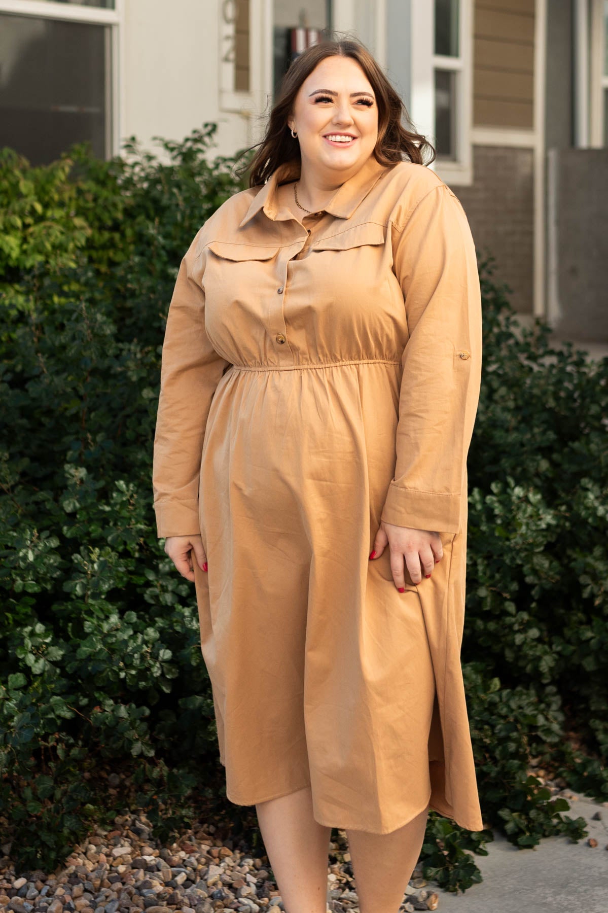 Long sleeve plus size camel dress