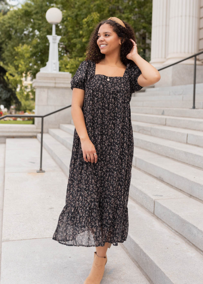 Black floral dress with short sleeves