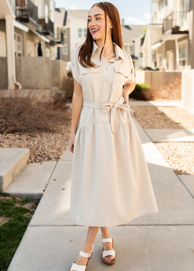 Short sleeve beige button down dress