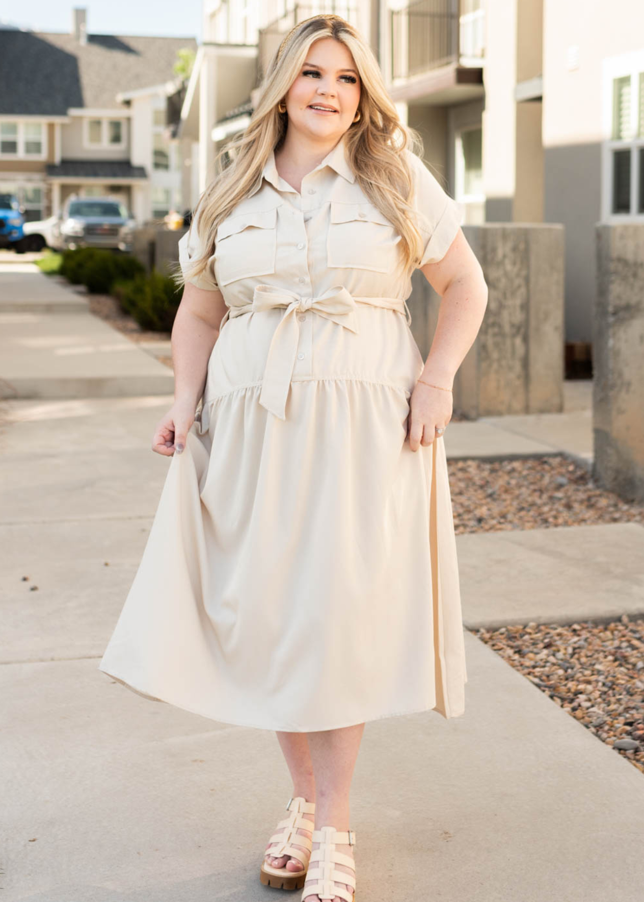 Plus size beige button down dress