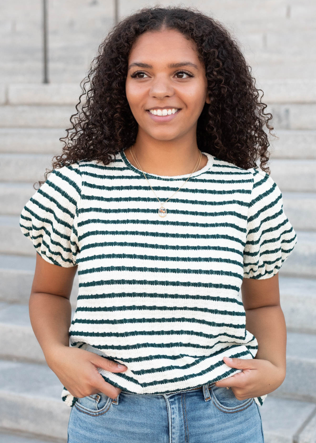 Emerald stripe textured top with puff sleeves