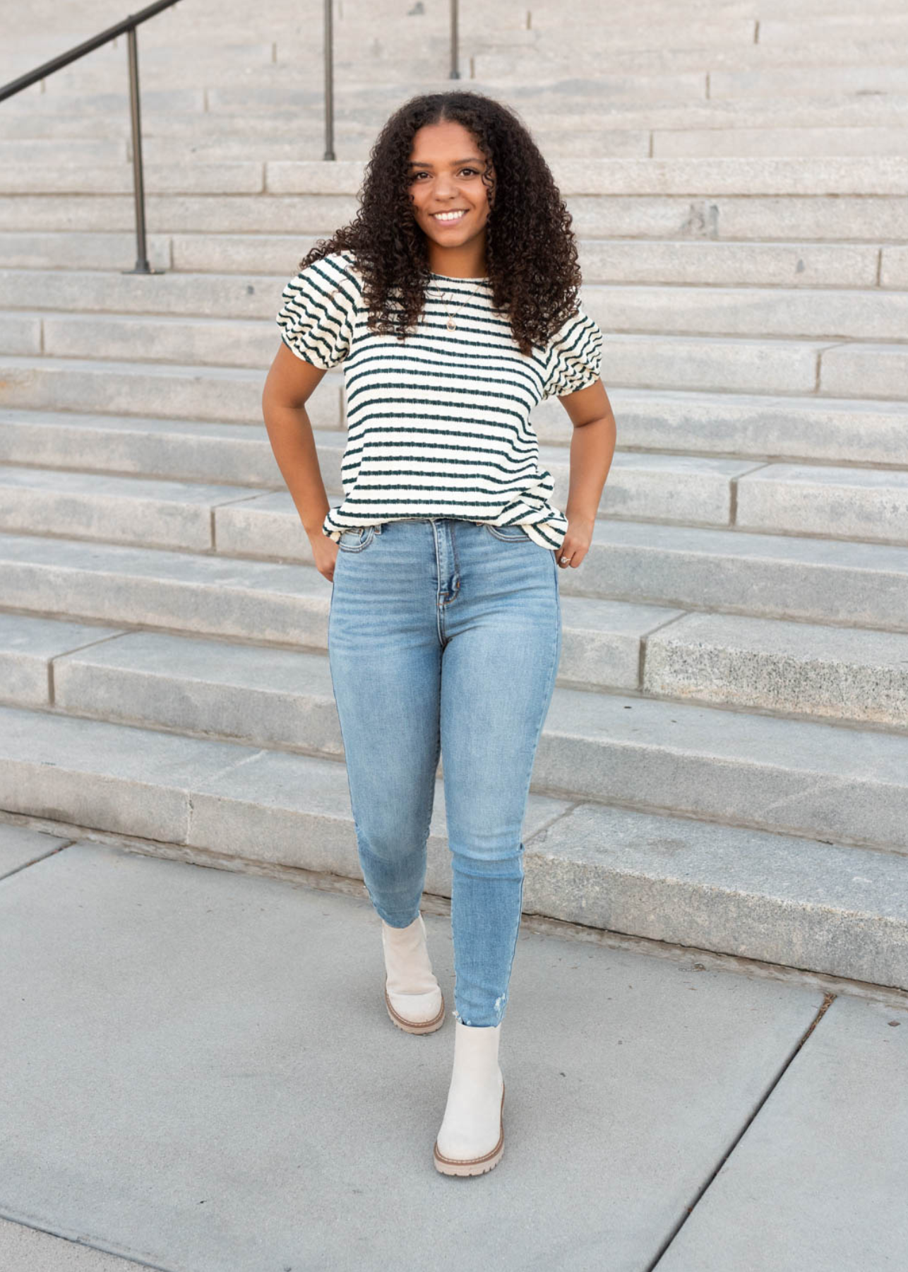 Front view of the emerald stripe textured top