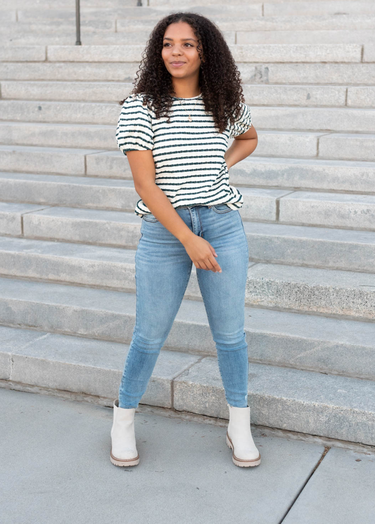 Emerald stripe textured top with short sleeves