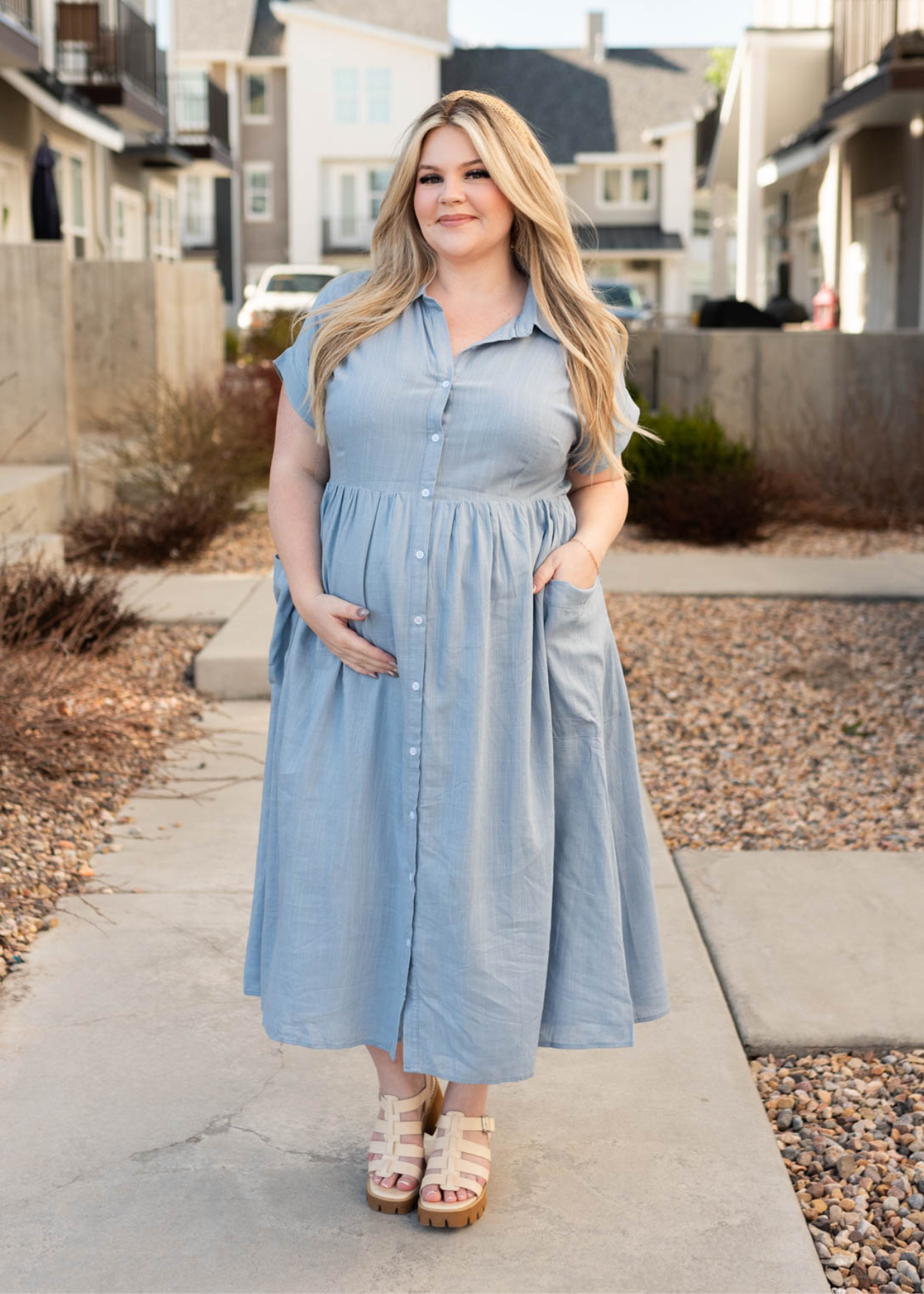 plus size blue button down dress