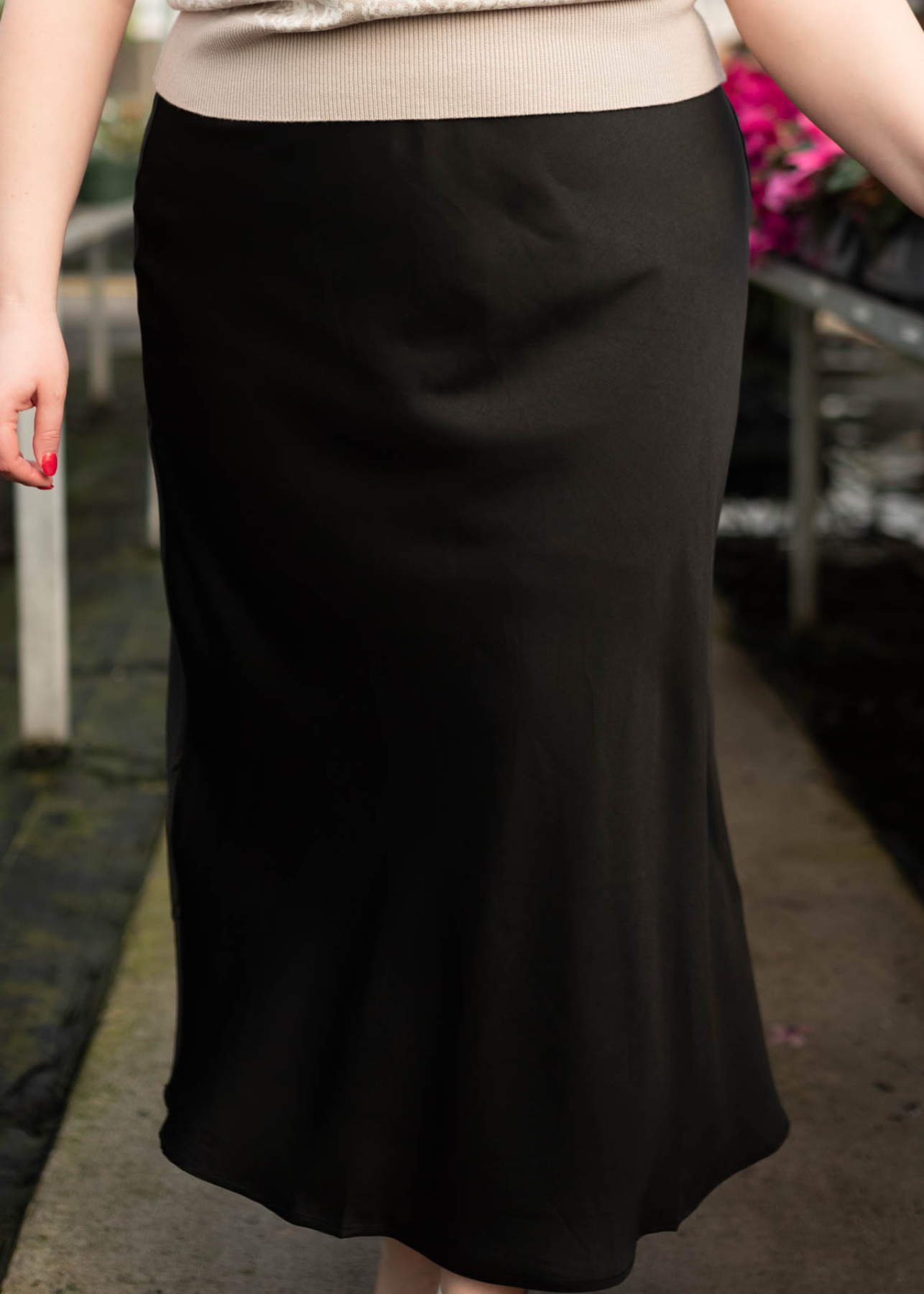 Plus size black satin midi skirt