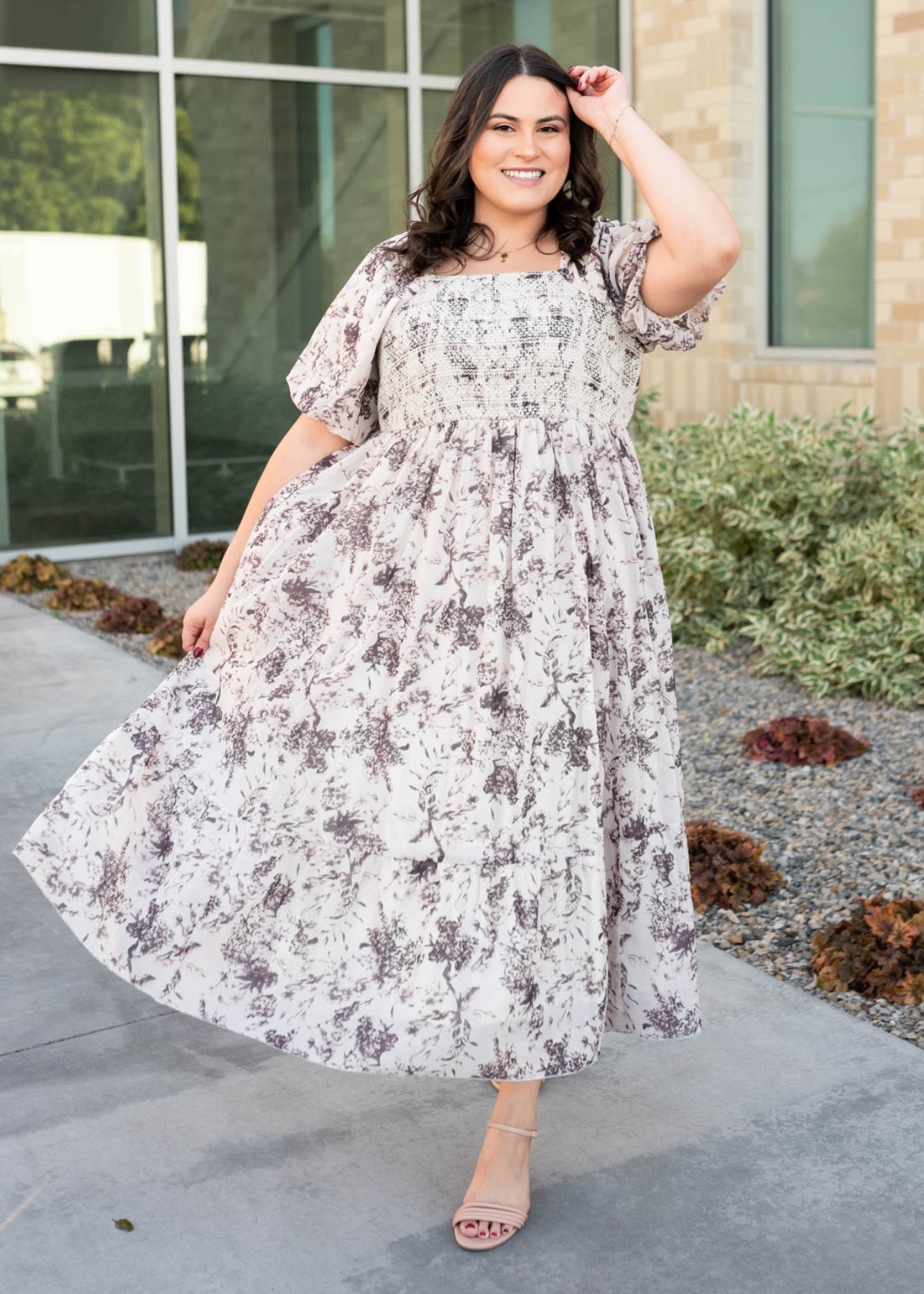 Cream floral smocked dress with short sleeves in plus size