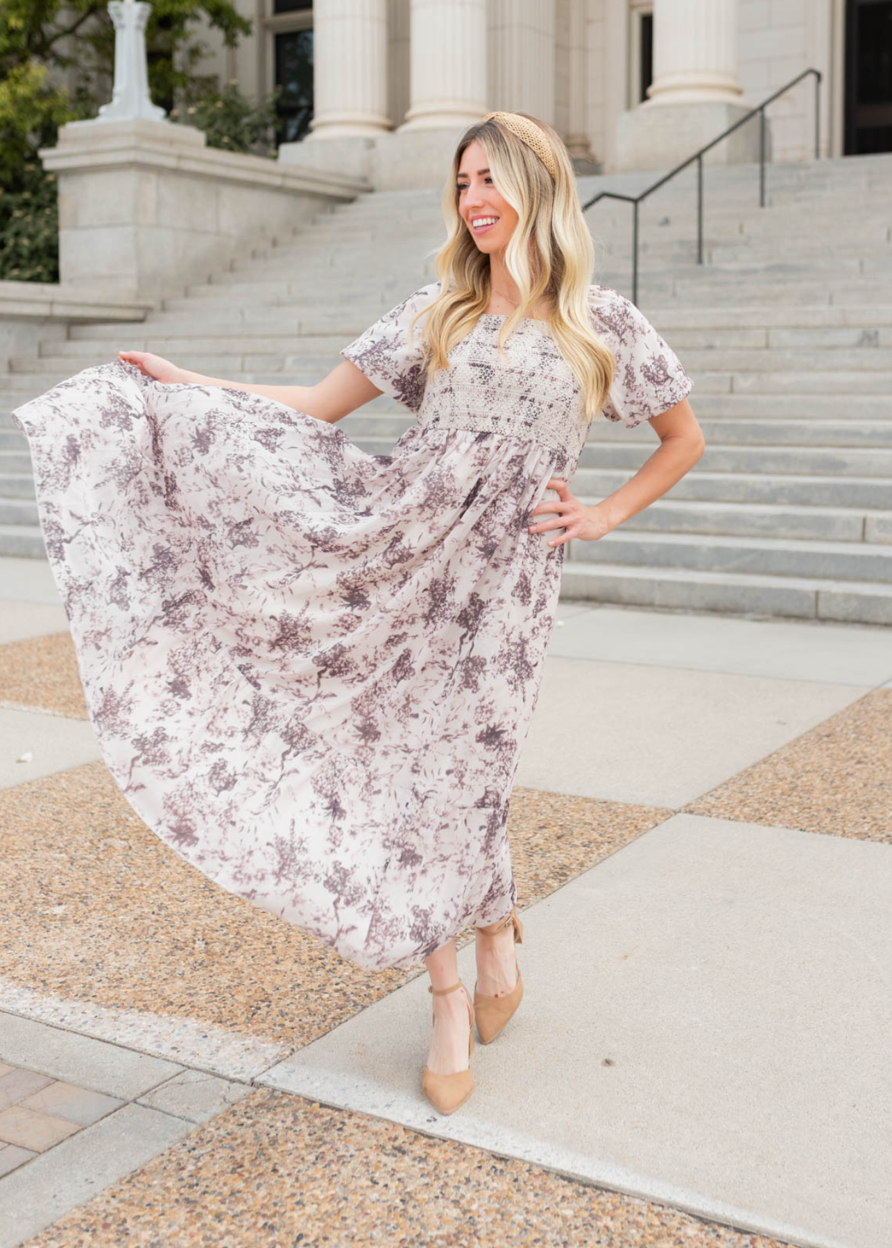 Short sleeve cream floral smocked dress