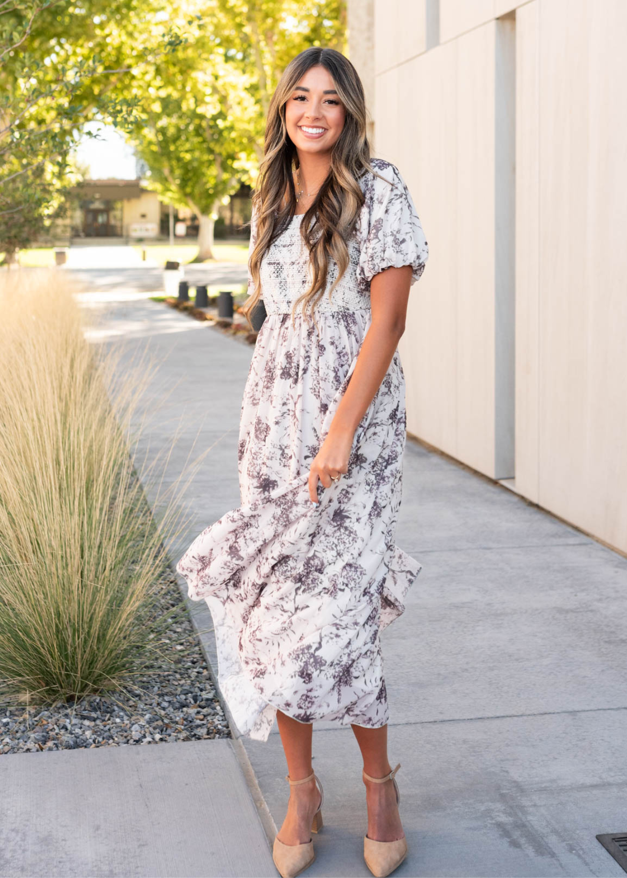 Short sleeve cream floral smocked dress