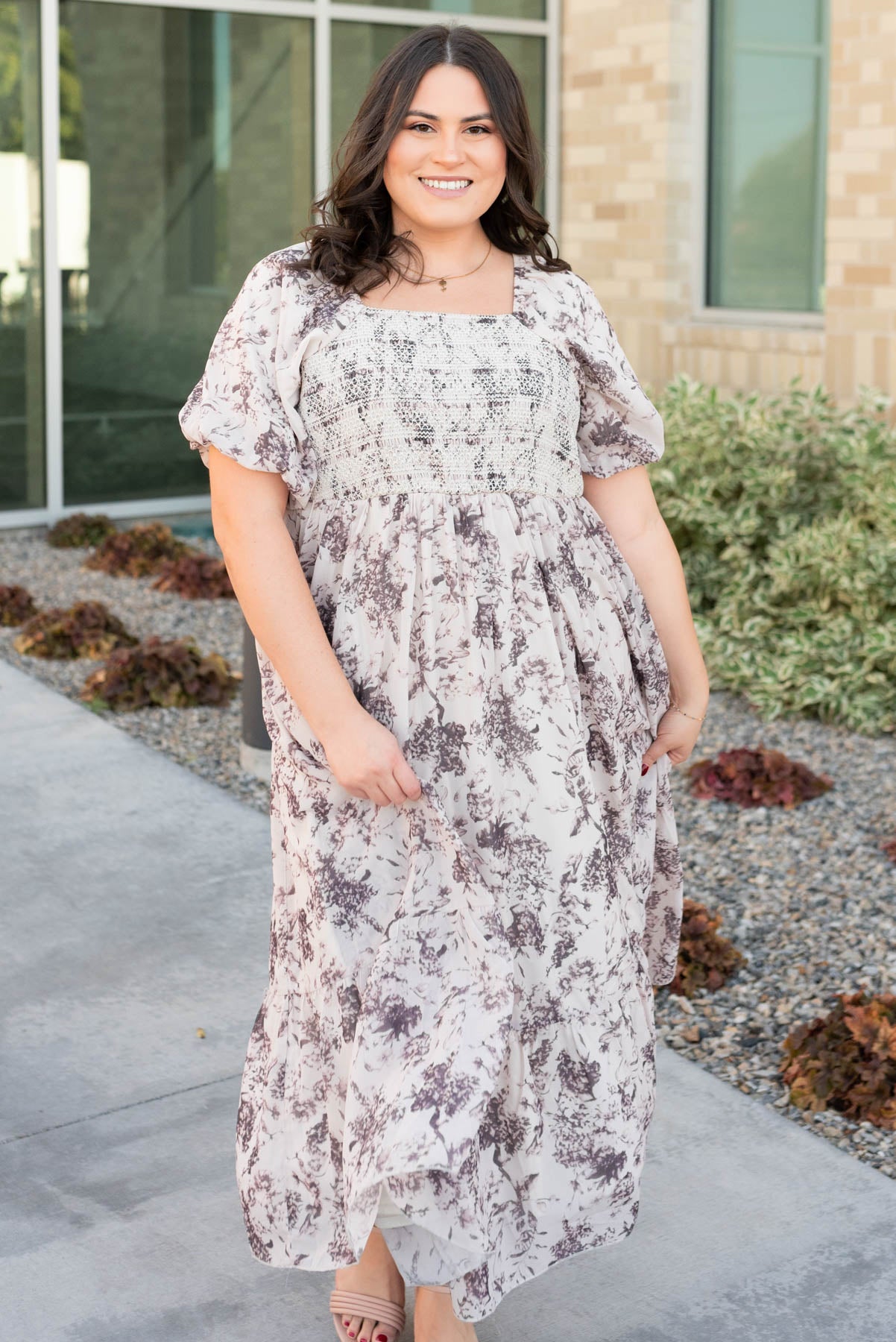 Cream floral smocked dress in plus size with a square neck