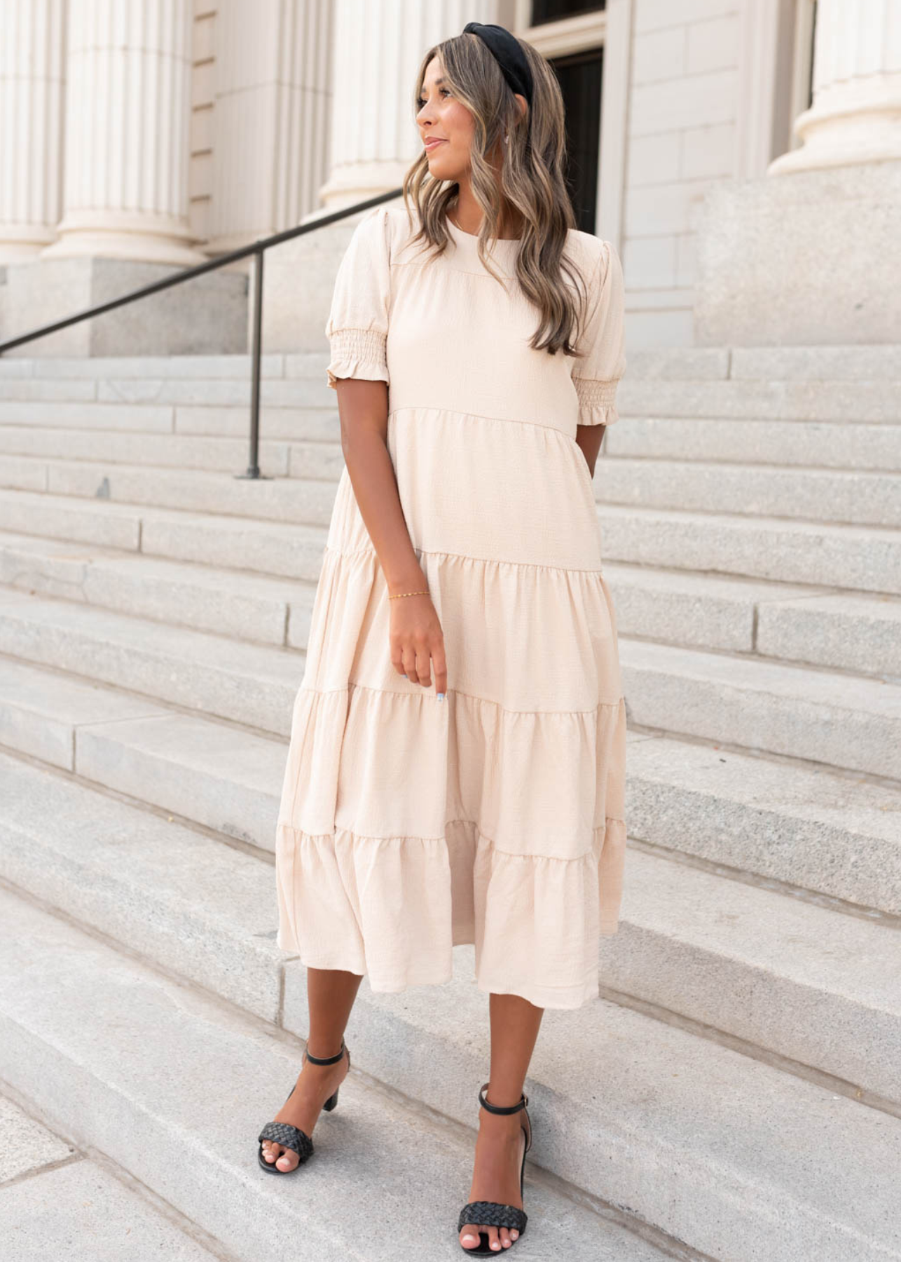 Tiered cream dress with short sleeves