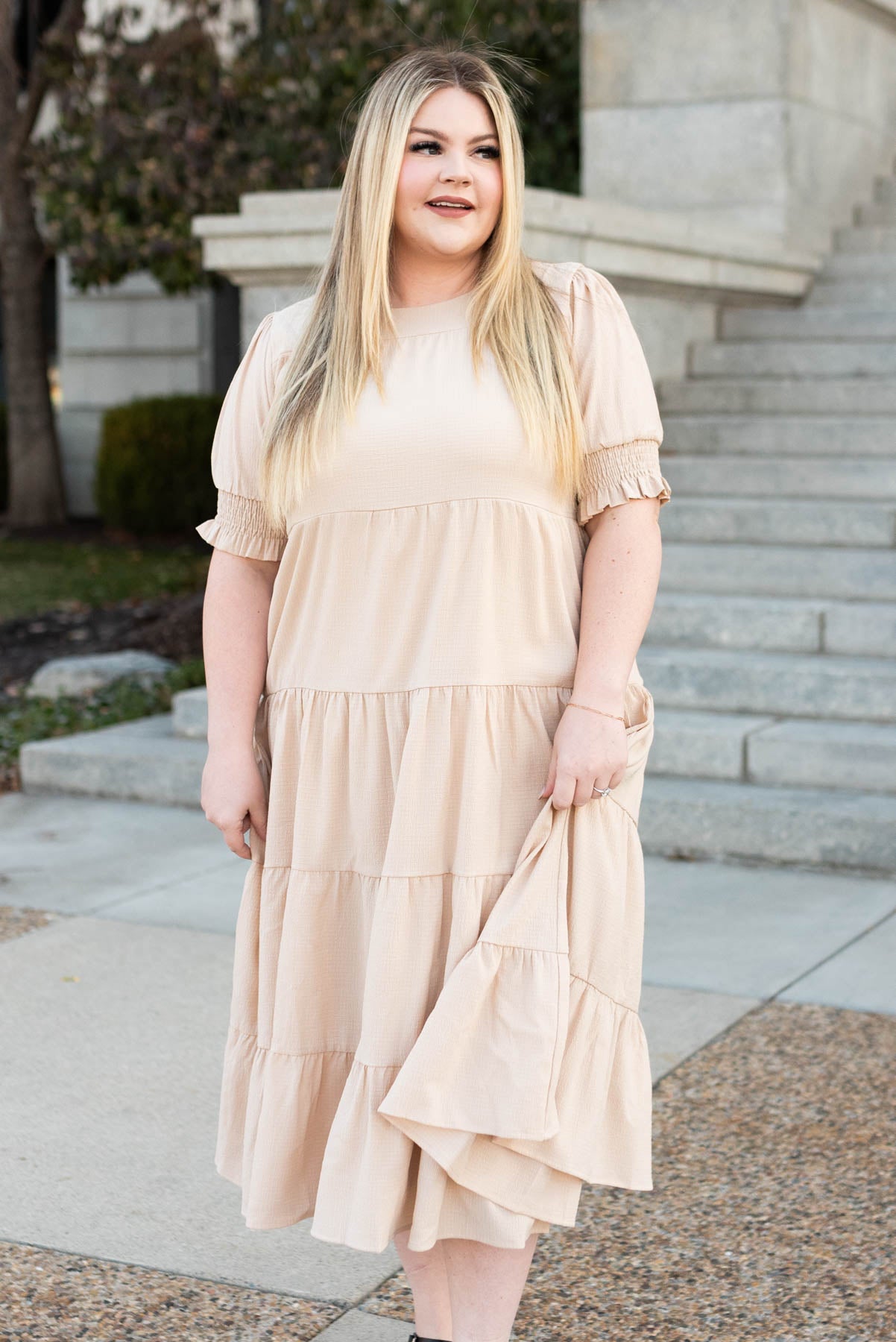 Short sleeve plus size tiered cream dress