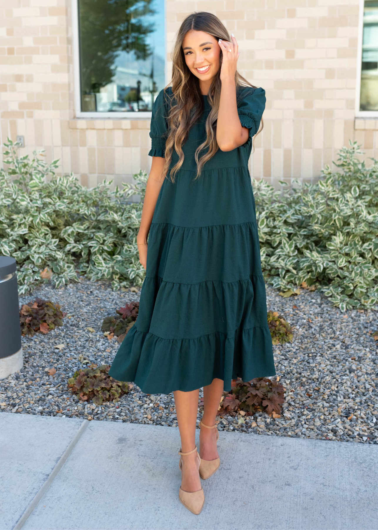 tiered dark green dress with short sleeves