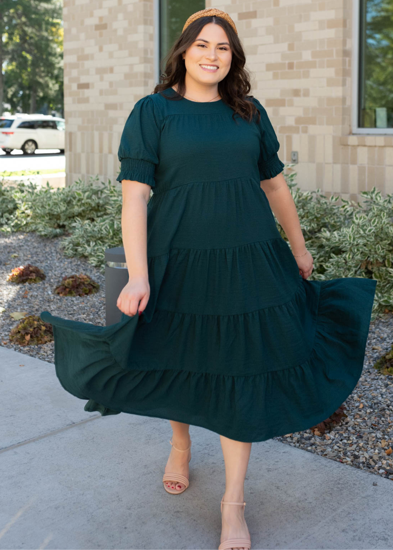 Plus size tiered dark green dress with pockets