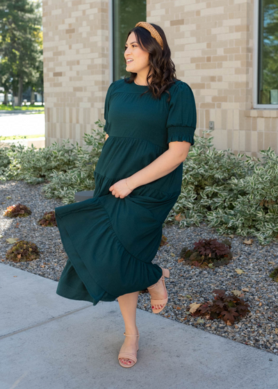 Plus size tiered dark green dress with short sleeves