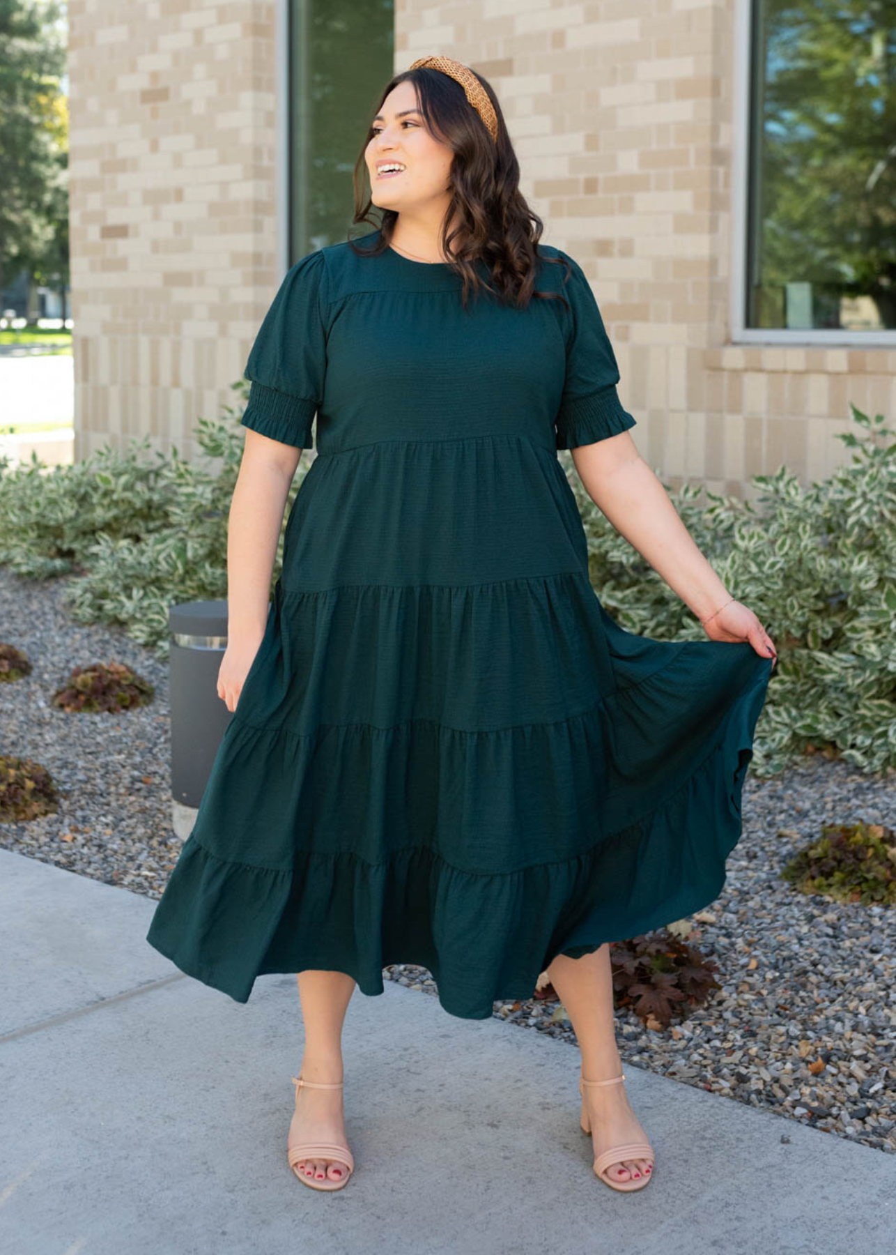 Plus size tiered dark green dress