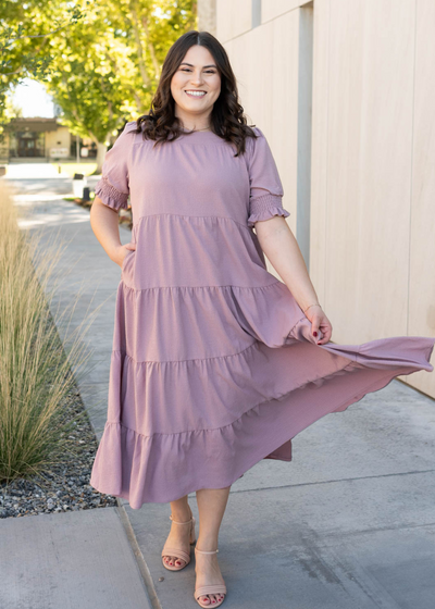 Plus size tiered dusty lilac dress with short sleeves