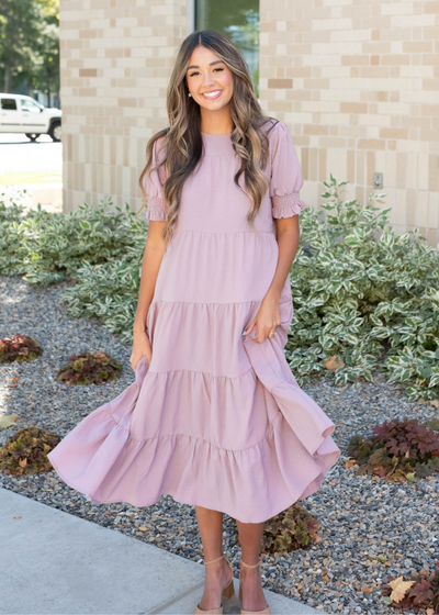 Short sleeve tiered dusty lilac dress