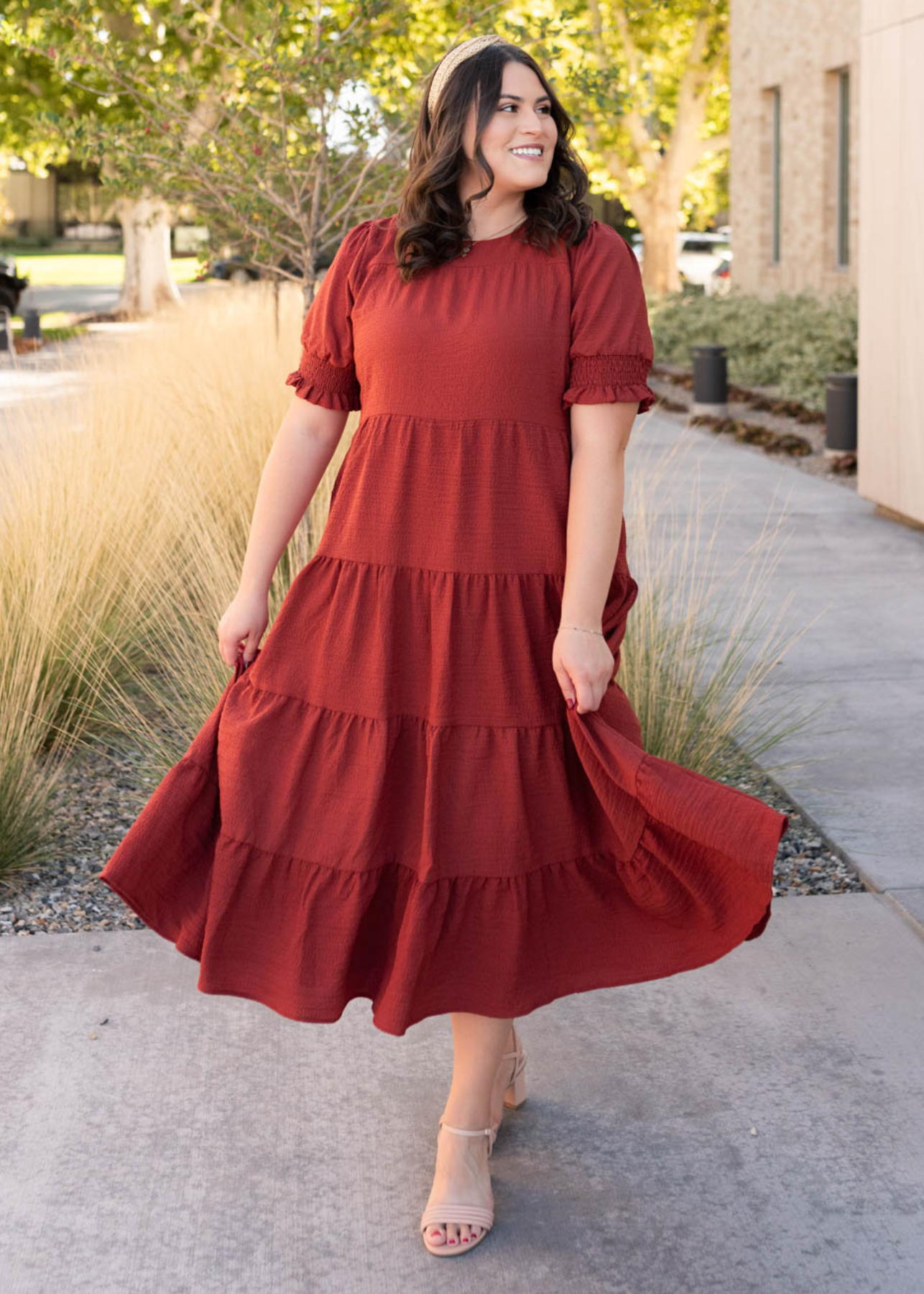 Tiered rust dress in plus size with short sleeves