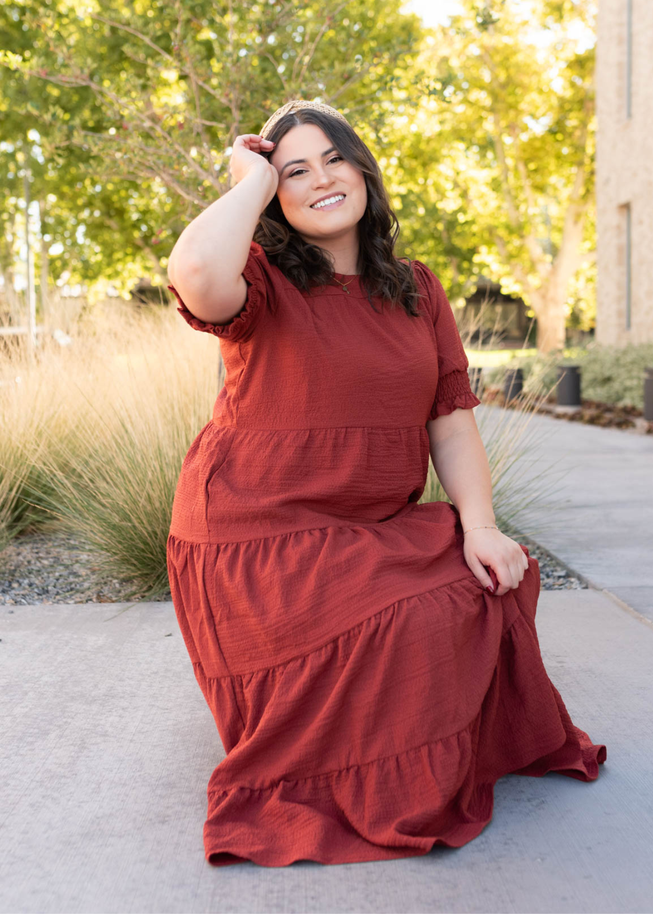 Short sleeve tiered rust dress in plus size