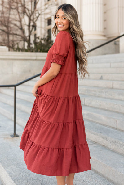 Side view of the tired rust dress