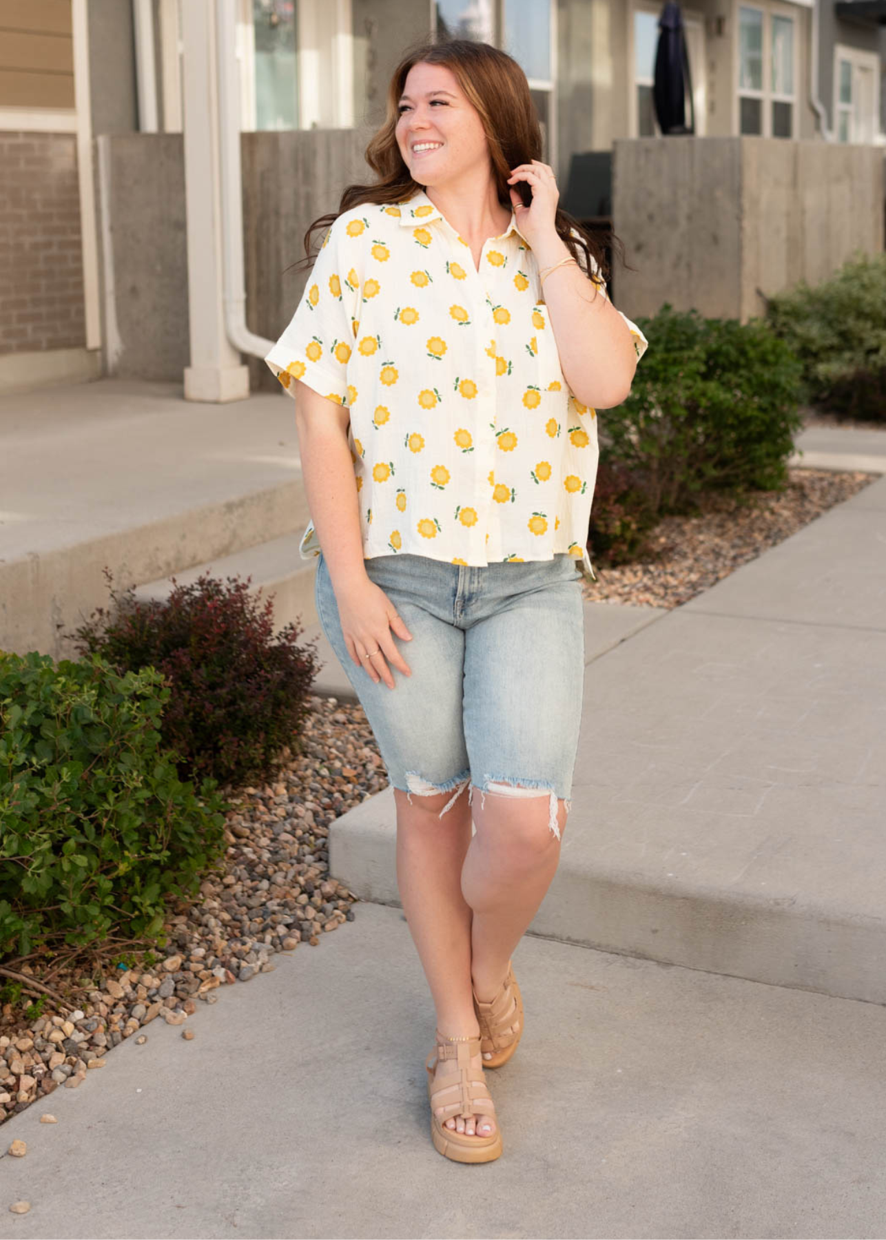 Gold floral top with short sleeves