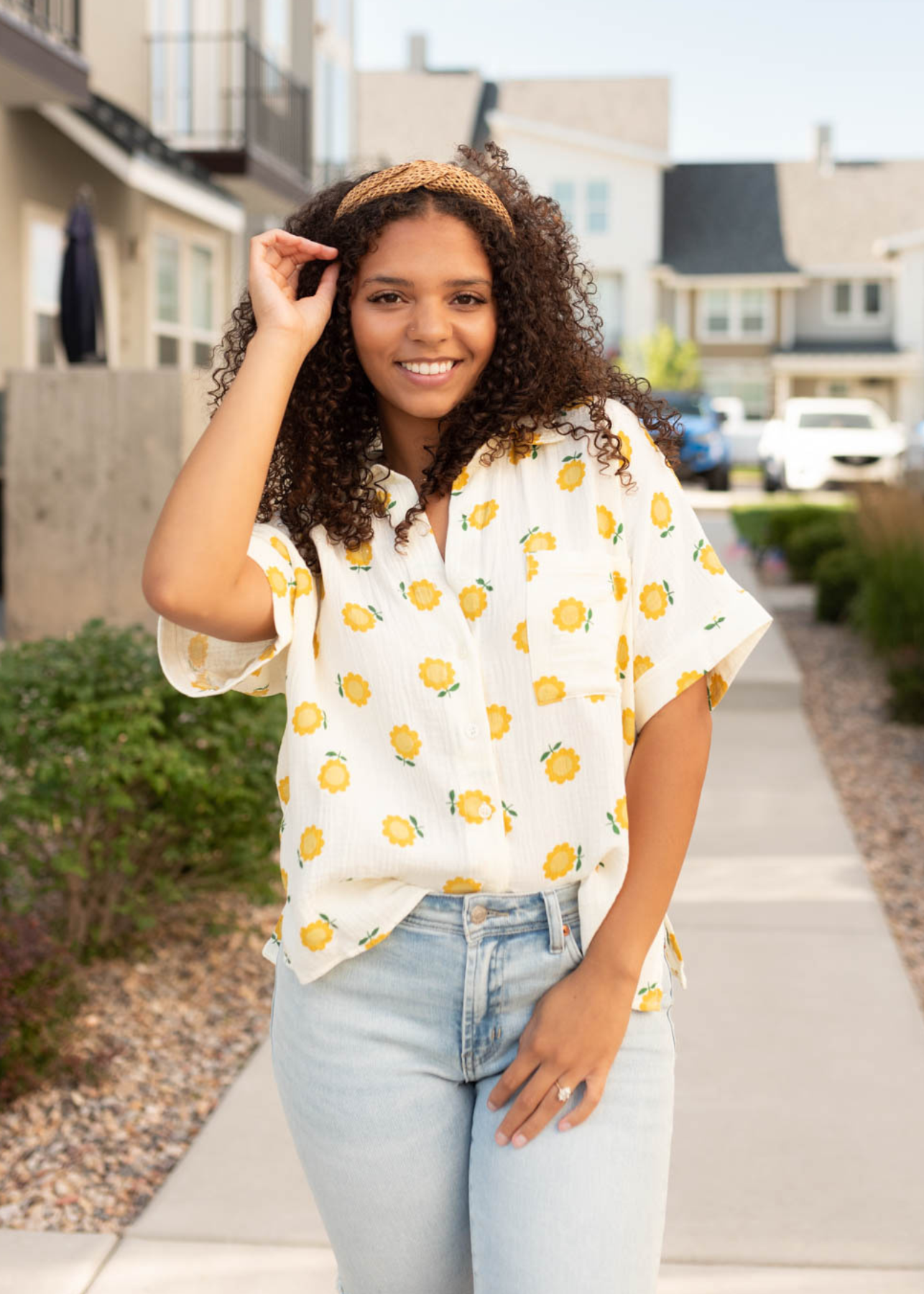 Button up ivory gold floral top