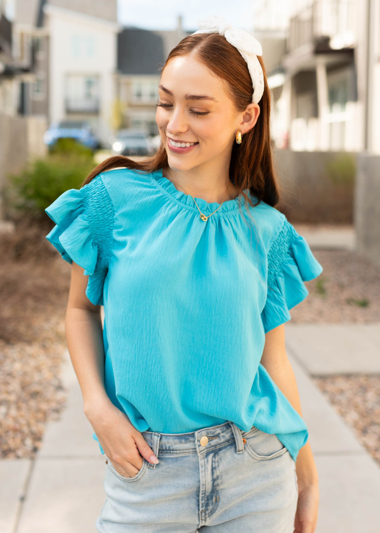 Jayne Turquoise Ruffle Blouse