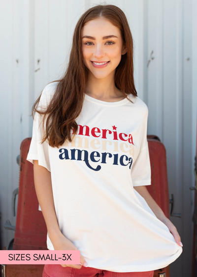 White America graphic tee with red, cream and blue words