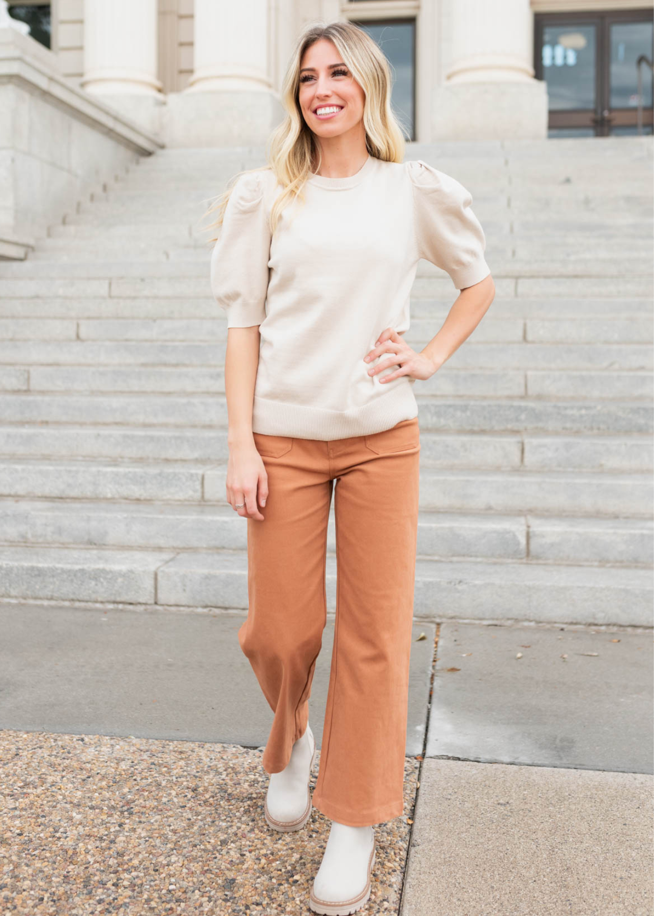 Short sleeve beige puff sleeve sweater top