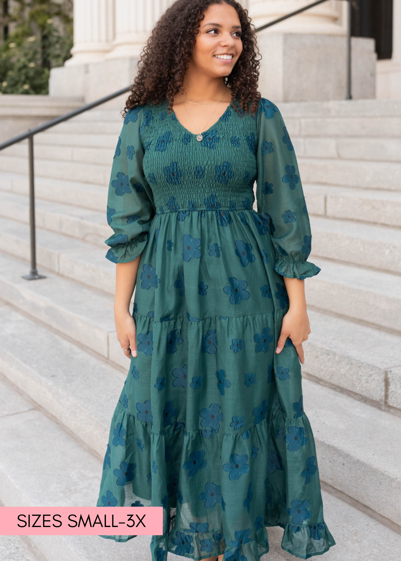 3/4 sleeve dark green floral dress