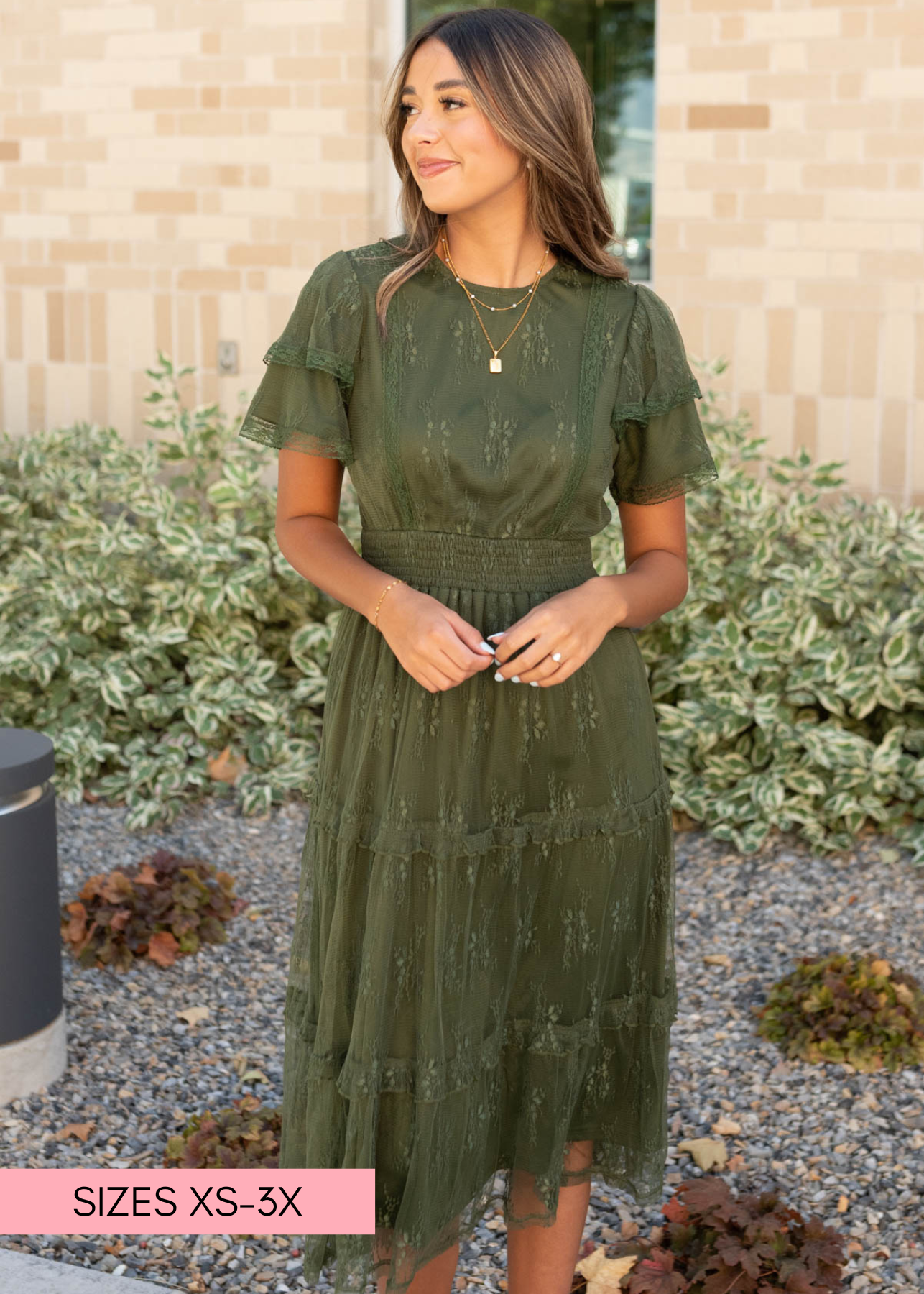 Dark green floral lace dress with ruffle sleeves