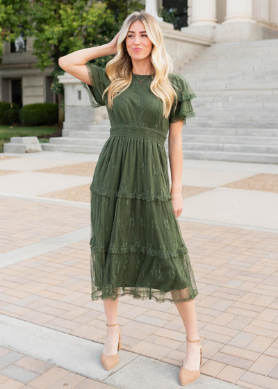 Short sleeve dark green floral lace dress