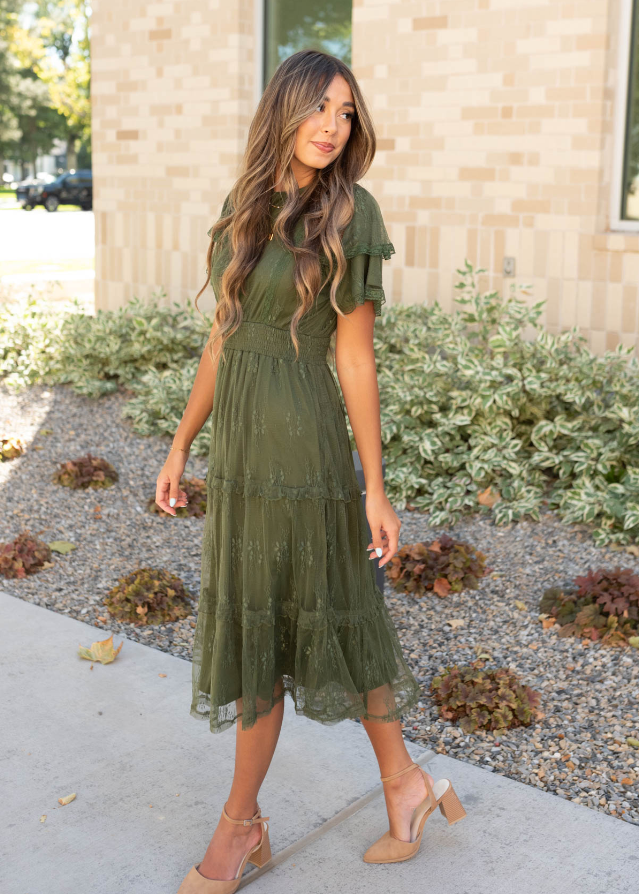 Dark green floral lace dress with short sleeves