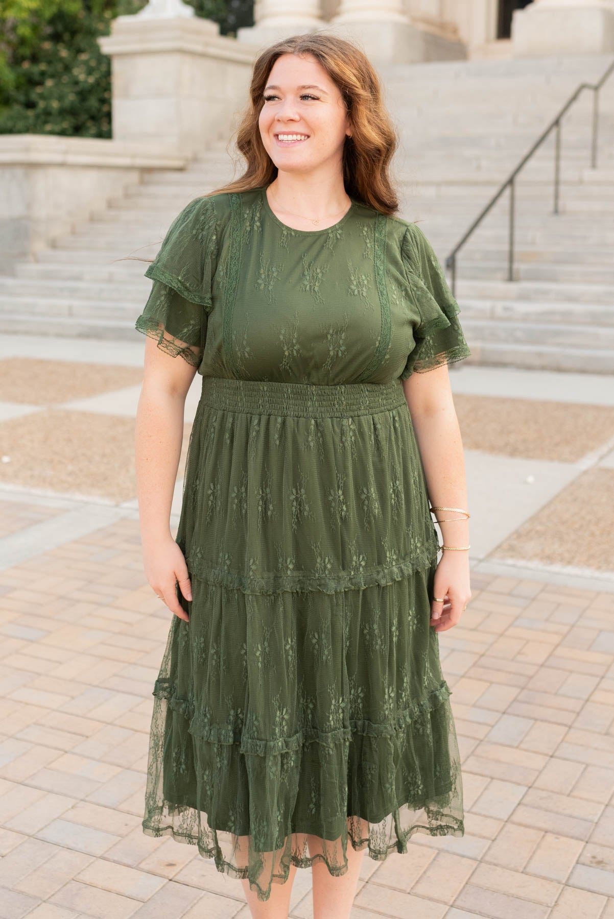 Dark green floral lace dress with wide elastic waist