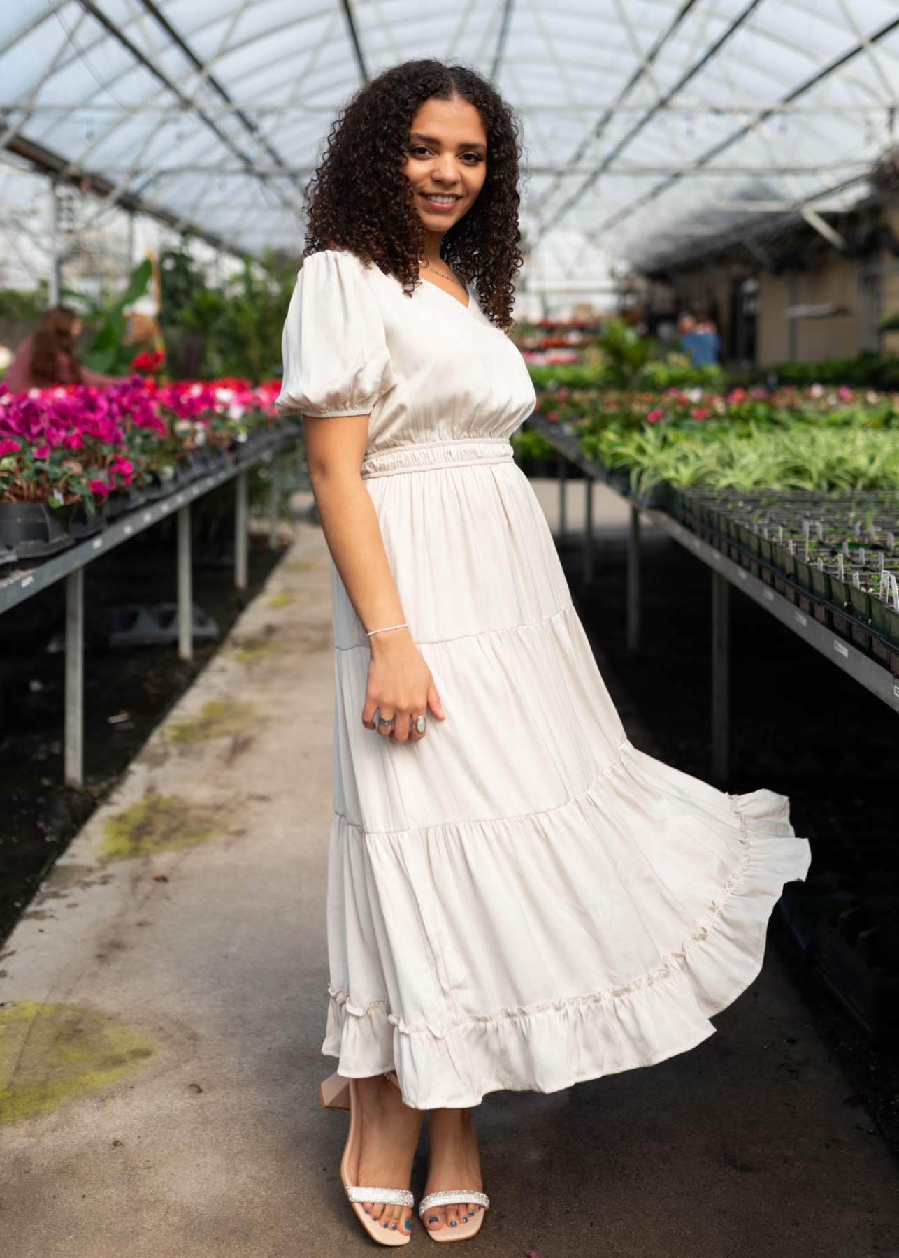 Ivory satin tiered dress with short sleeves