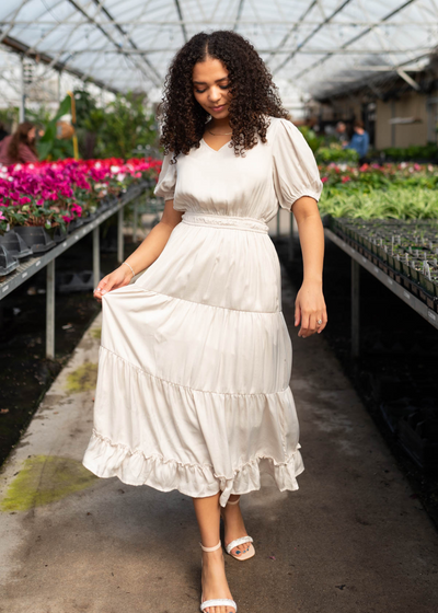 Short sleeve ivory satin tiered dress